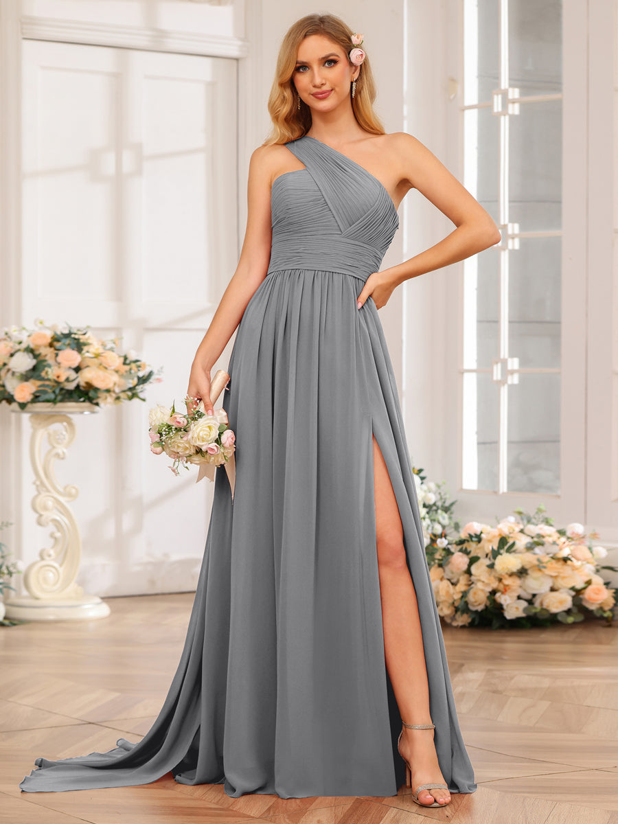 A-Line/Princess One-Shoulder Long Wedding Party Dresses with Watteau Train Gray