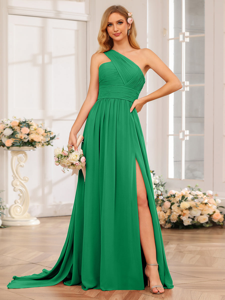 A-Line/Princess One-Shoulder Long Wedding Party Dresses with Watteau Train Green