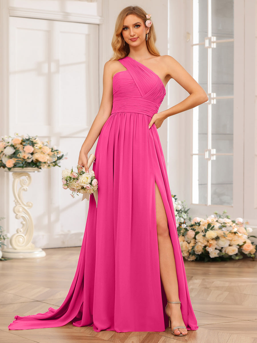 A-Line/Princess One-Shoulder Long Wedding Party Dresses with Watteau Train Hot Pink