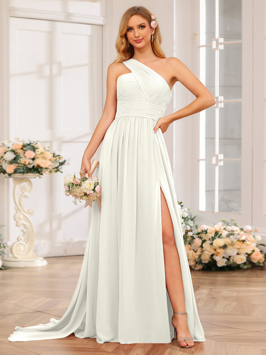 A-Line/Princess One-Shoulder Long Wedding Party Dresses with Watteau Train Ivory