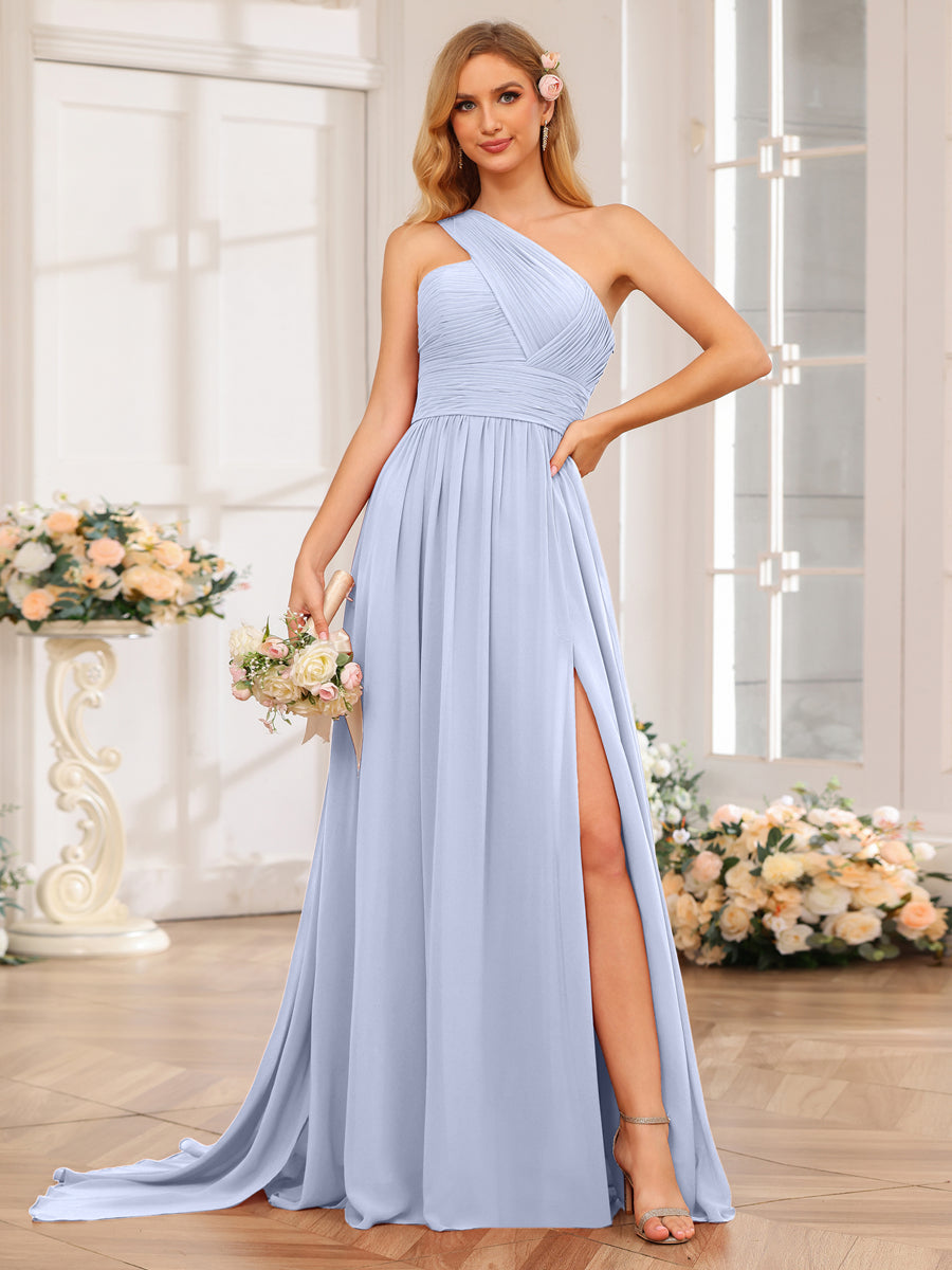 A-Line/Princess One-Shoulder Long Wedding Party Dresses with Watteau Train Lavender