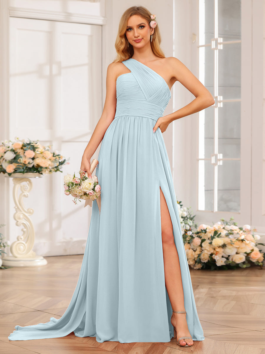 A-Line/Princess One-Shoulder Long Wedding Party Dresses with Watteau Train Light Blue