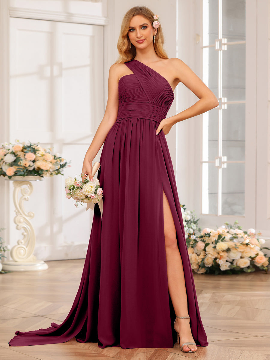 A-Line/Princess One-Shoulder Long Wedding Party Dresses with Watteau Train Light Burgundy