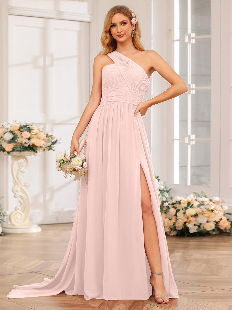 A-Line/Princess One-Shoulder Long Wedding Party Dresses with Watteau Train Light Pink