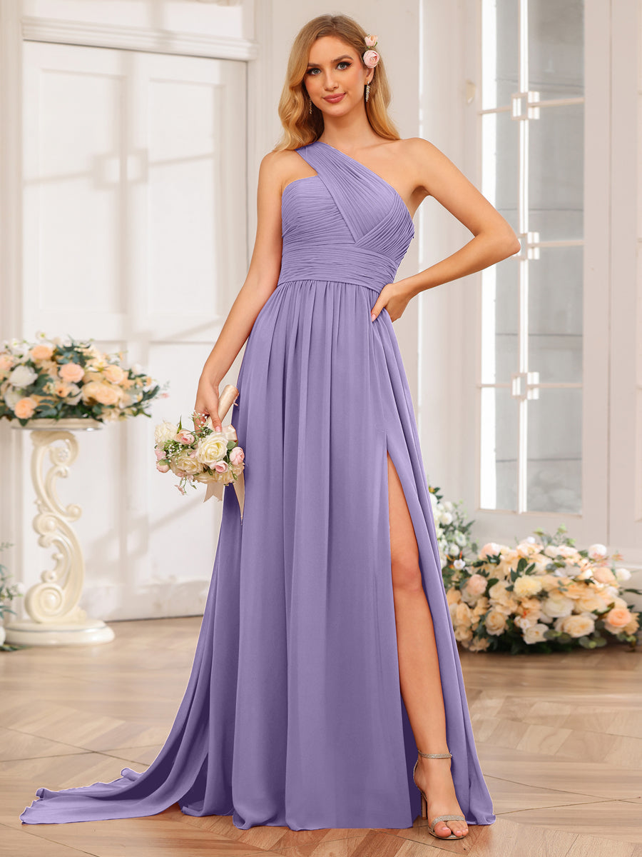 A-Line/Princess One-Shoulder Long Wedding Party Dresses with Watteau Train Light Purple