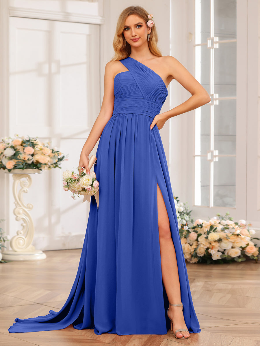 A-Line/Princess One-Shoulder Long Wedding Party Dresses with Watteau Train Light Royal Blue
