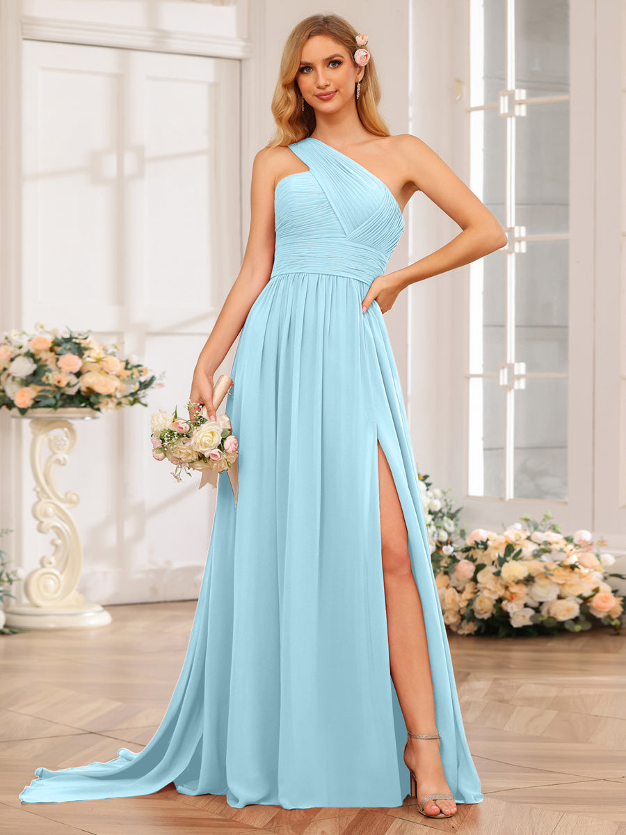 A-Line/Princess One-Shoulder Long Wedding Party Dresses with Watteau Train Light Sky Blue