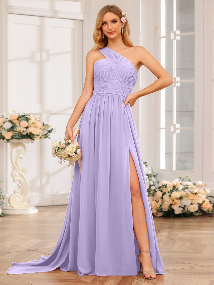 A-Line/Princess One-Shoulder Long Wedding Party Dresses with Watteau Train Lilac