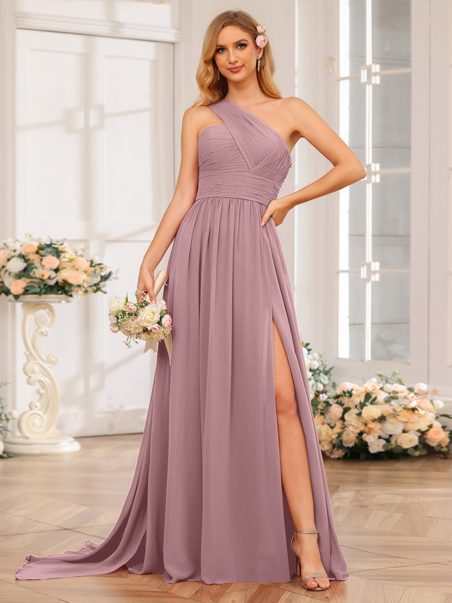 A-Line/Princess One-Shoulder Long Wedding Party Dresses with Watteau Train Mauve