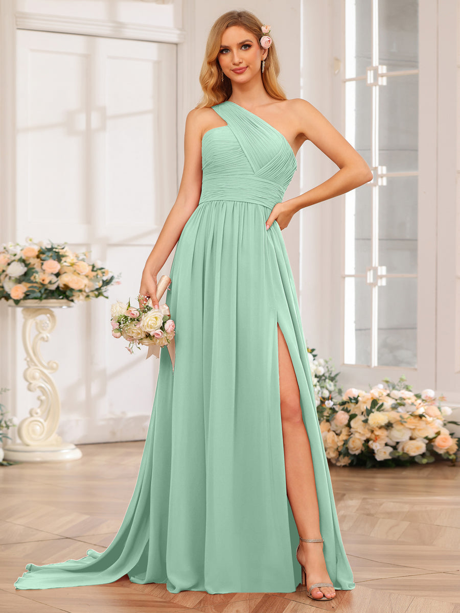 A-Line/Princess One-Shoulder Long Wedding Party Dresses with Watteau Train Mint Green