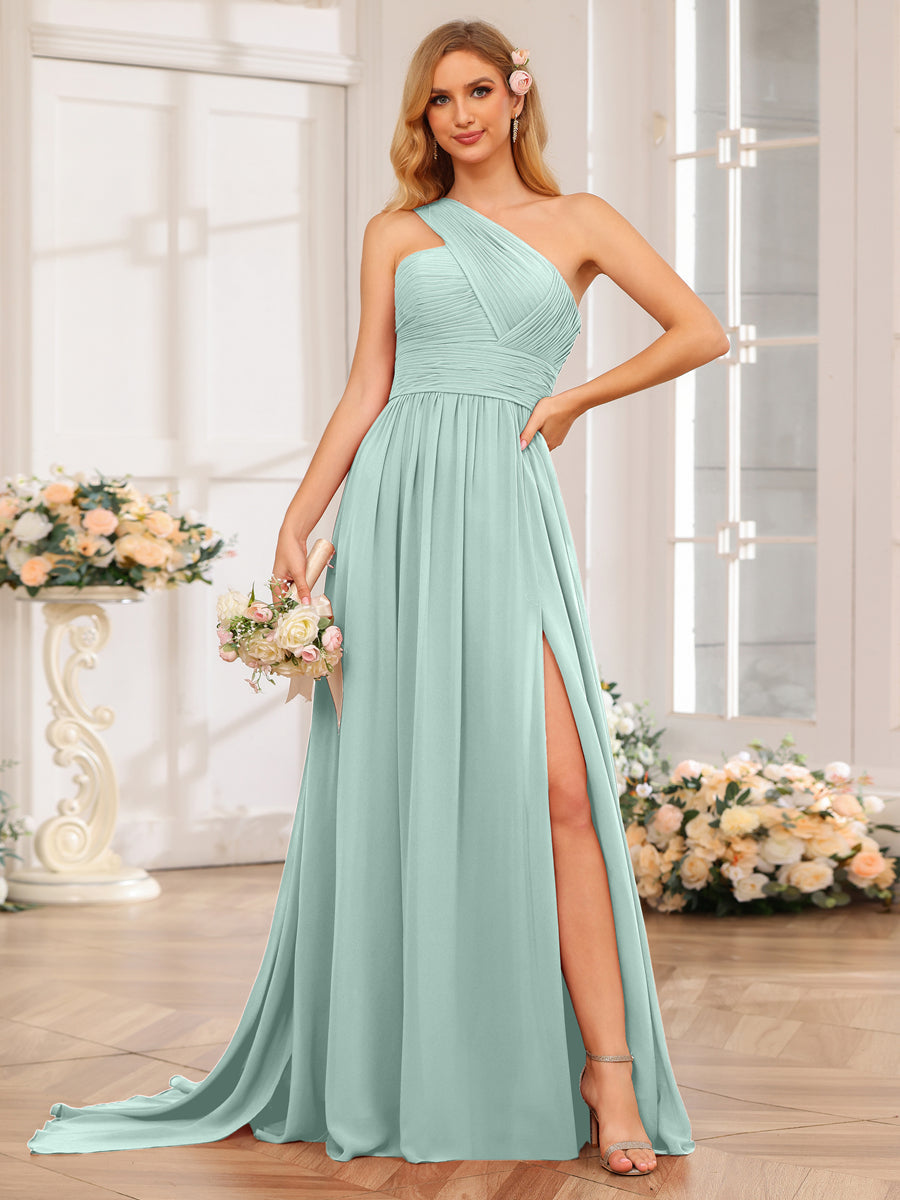 A-Line/Princess One-Shoulder Long Wedding Party Dresses with Watteau Train Mist Blue