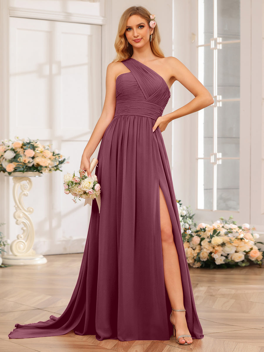 A-Line/Princess One-Shoulder Long Wedding Party Dresses with Watteau Train Mulberry