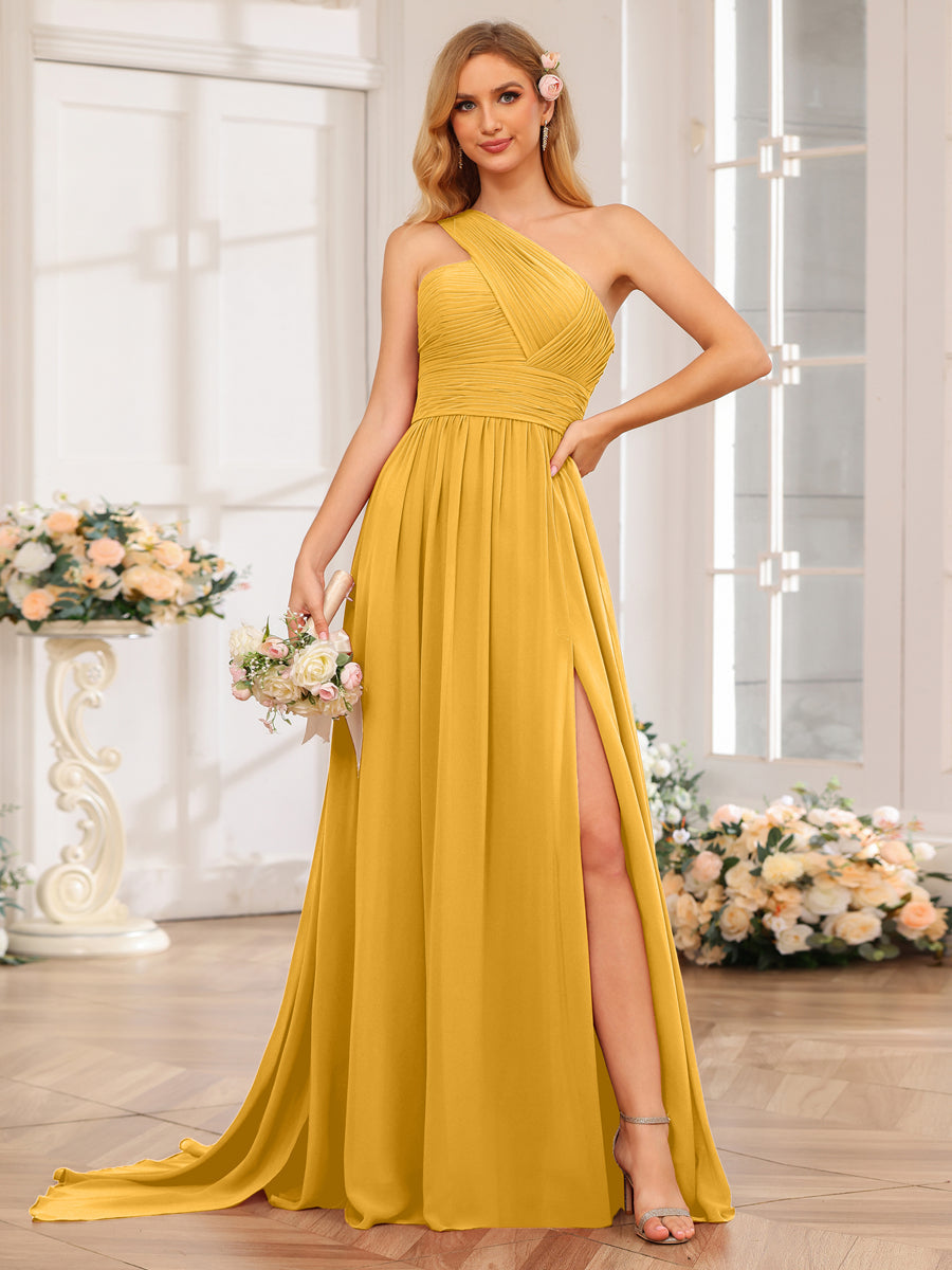 A-Line/Princess One-Shoulder Long Wedding Party Dresses with Watteau Train Mustard Yellow