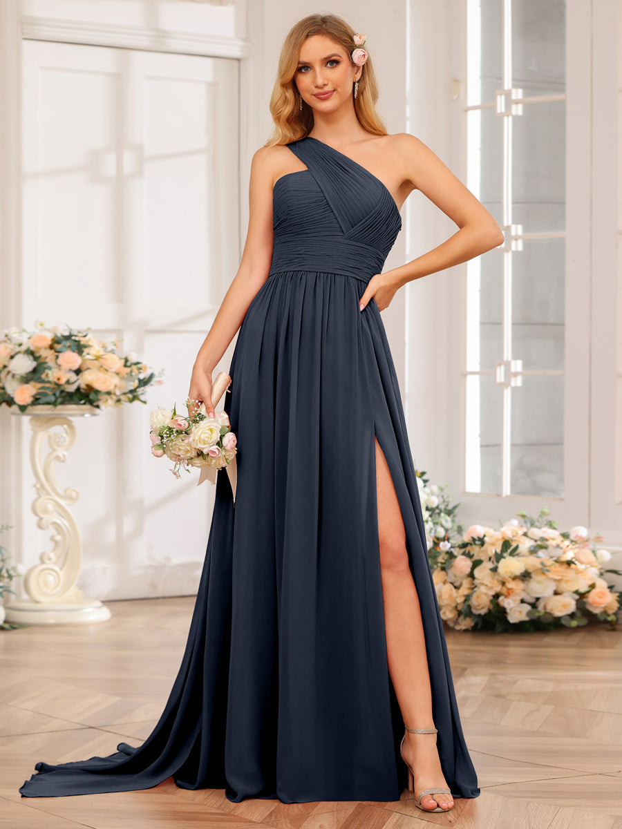 A-Line/Princess One-Shoulder Long Wedding Party Dresses with Watteau Train Navy Blue