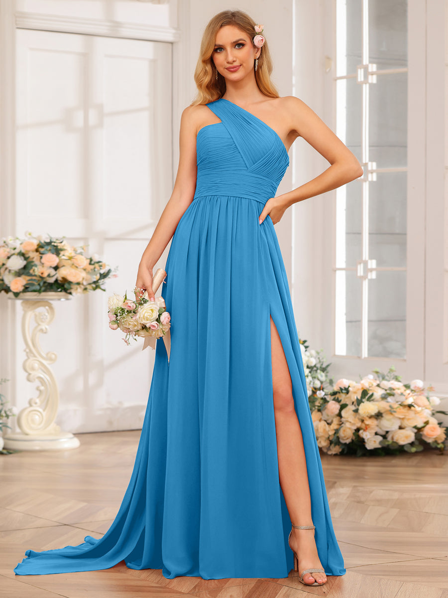 A-Line/Princess One-Shoulder Long Wedding Party Dresses with Watteau Train Ocean Blue