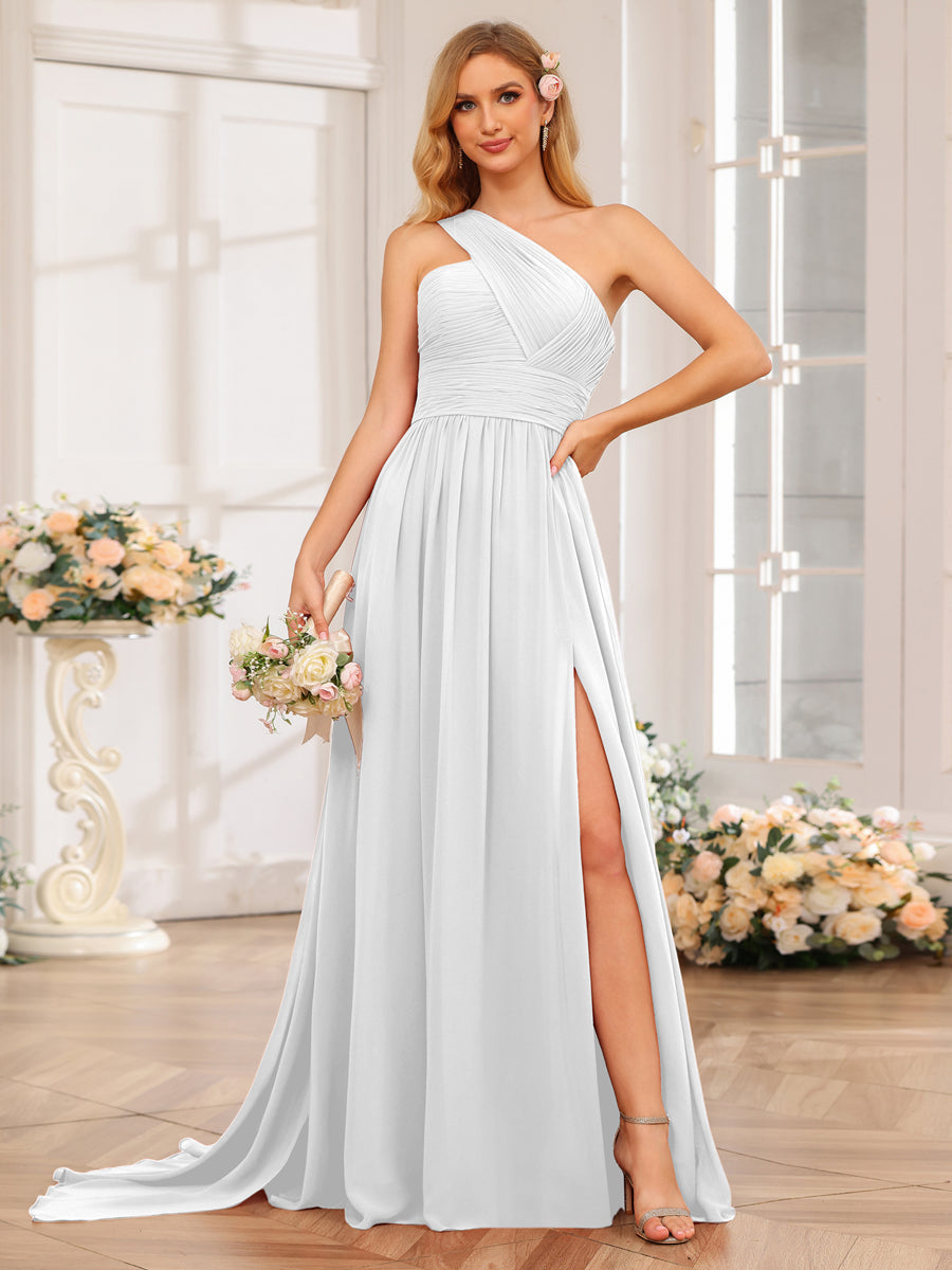 A-Line/Princess One-Shoulder Long Wedding Party Dresses with Watteau Train Off White