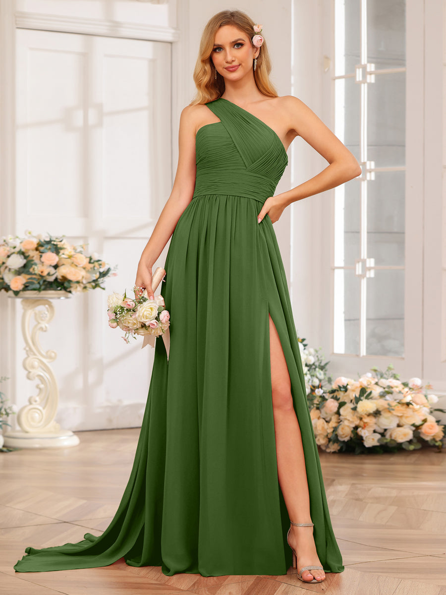 A-Line/Princess One-Shoulder Long Wedding Party Dresses with Watteau Train Olive Green