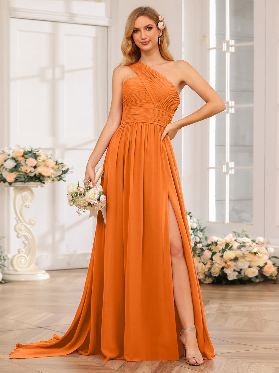 A-Line/Princess One-Shoulder Long Wedding Party Dresses with Watteau Train Orange