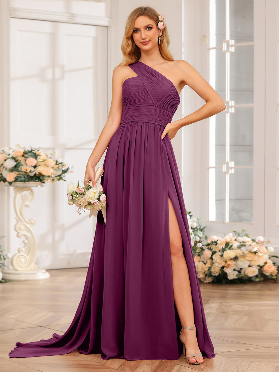 A-Line/Princess One-Shoulder Long Wedding Party Dresses with Watteau Train Orchid