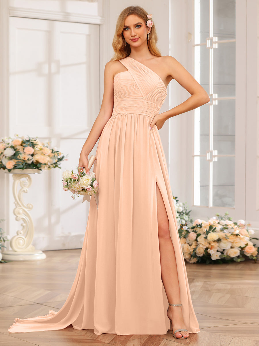 A-Line/Princess One-Shoulder Long Wedding Party Dresses with Watteau Train Peach Pink