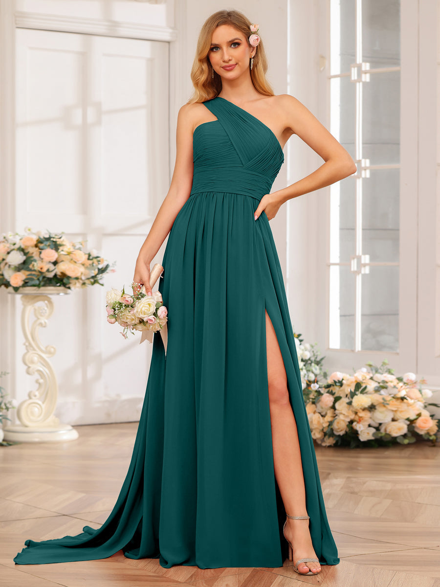 A-Line/Princess One-Shoulder Long Wedding Party Dresses with Watteau Train Peacock