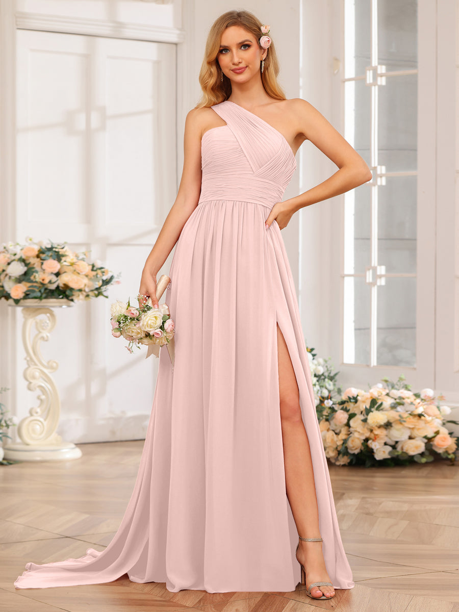 A-Line/Princess One-Shoulder Long Wedding Party Dresses with Watteau Train Pearl Pink
