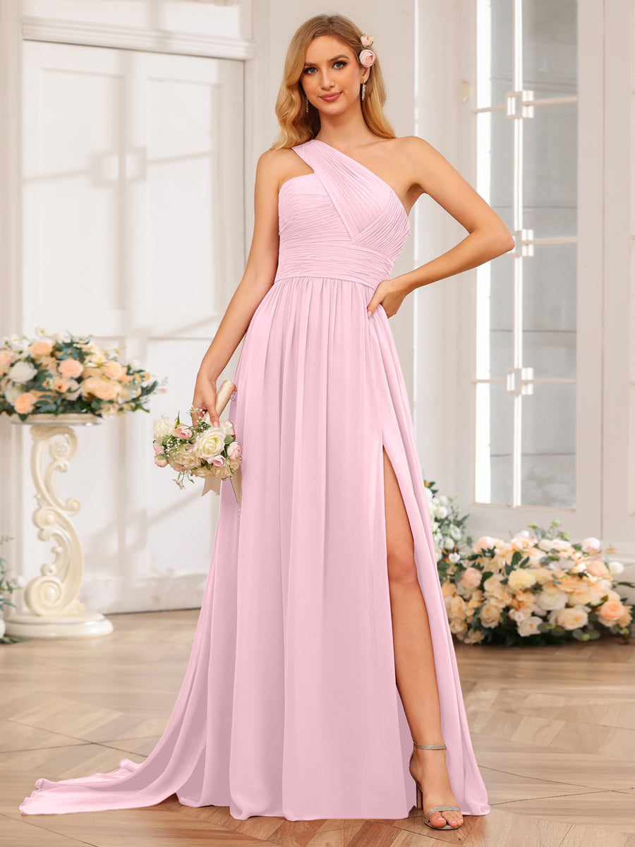A-Line/Princess One-Shoulder Long Wedding Party Dresses with Watteau Train Pink