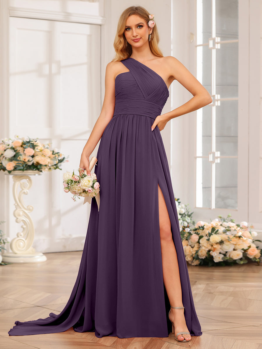 A-Line/Princess One-Shoulder Long Wedding Party Dresses with Watteau Train Plum