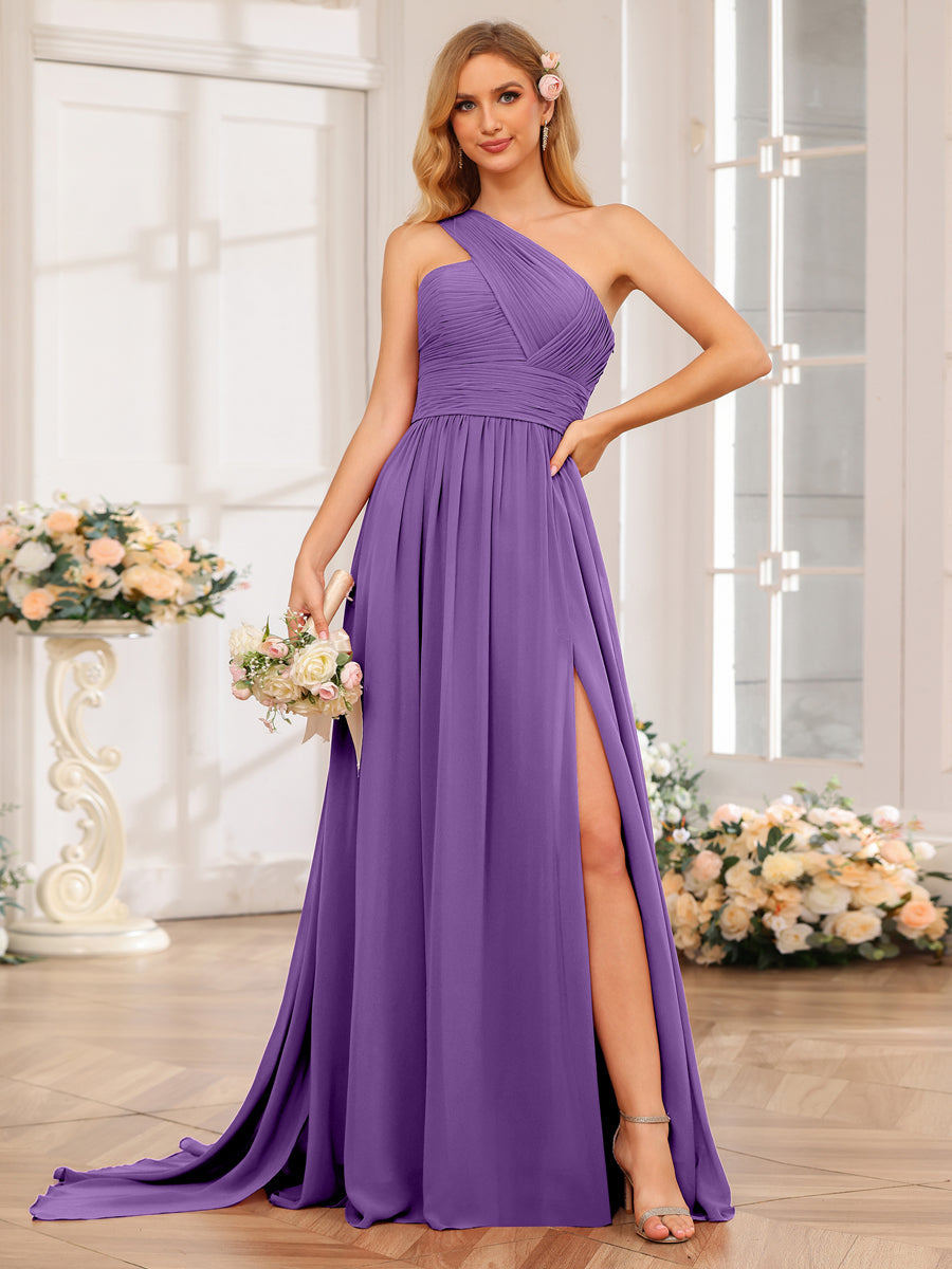 A-Line/Princess One-Shoulder Long Wedding Party Dresses with Watteau Train Purple