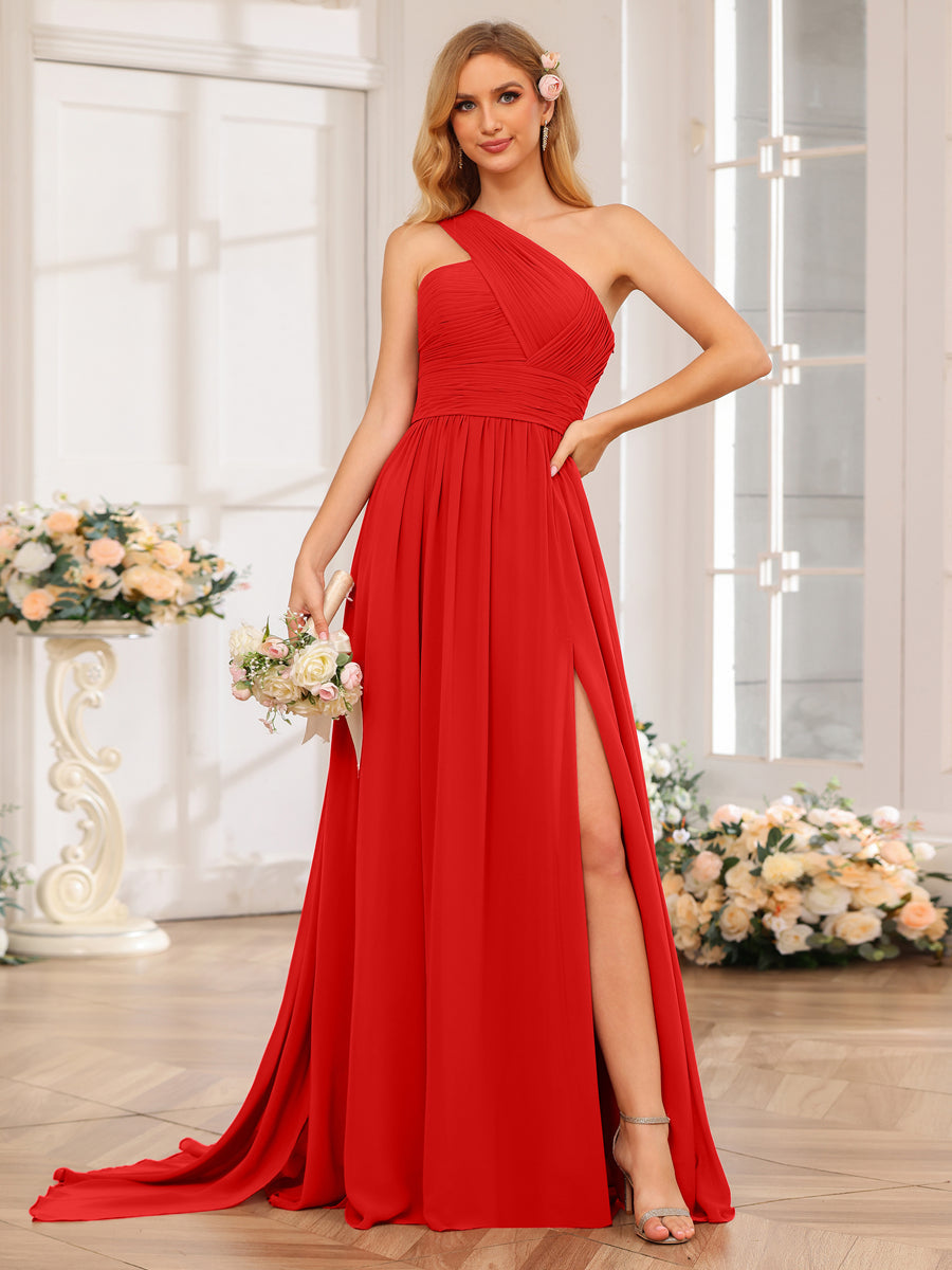 A-Line/Princess One-Shoulder Long Wedding Party Dresses with Watteau Train Red