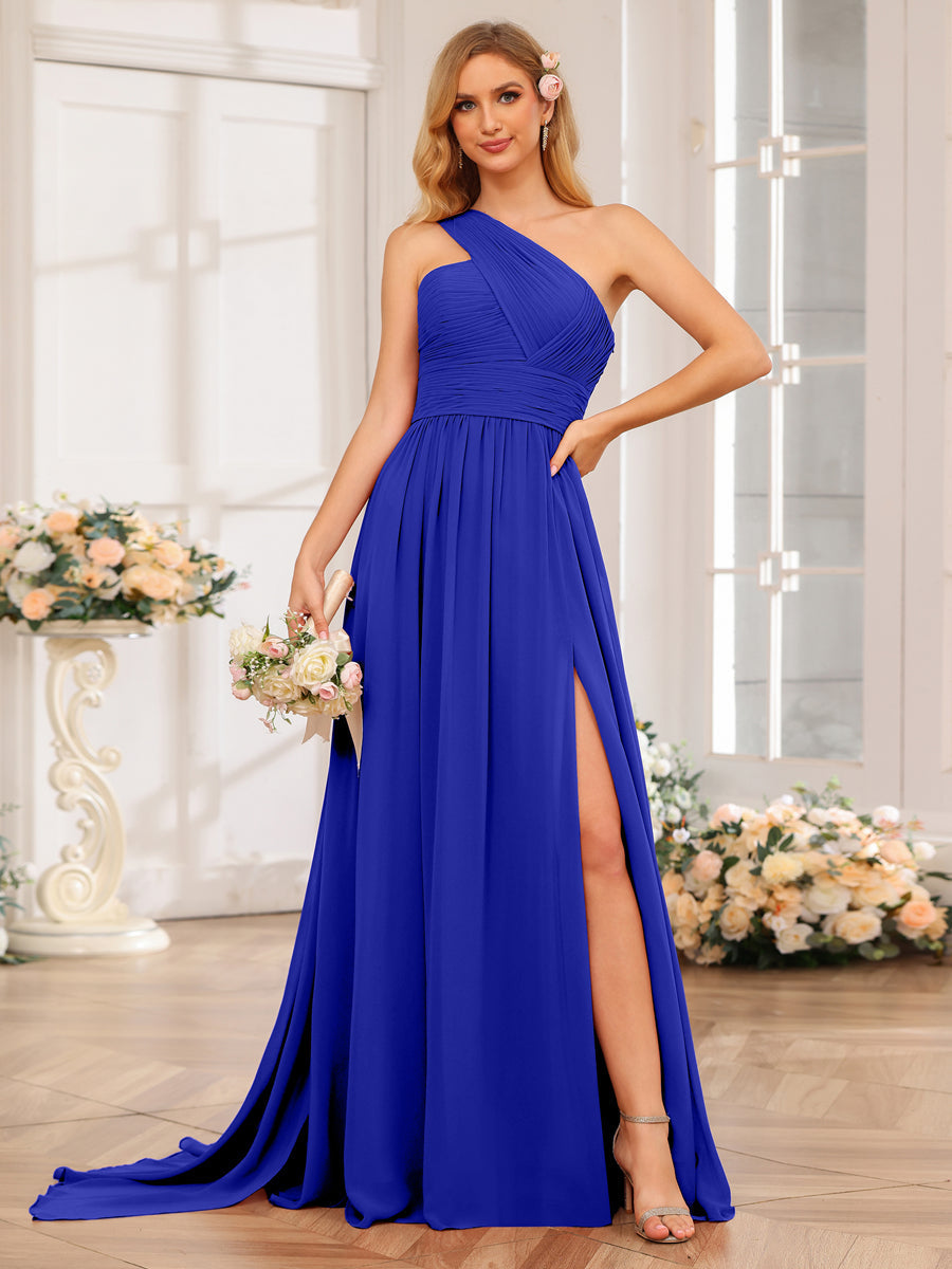 A-Line/Princess One-Shoulder Long Wedding Party Dresses with Watteau Train Royal Blue