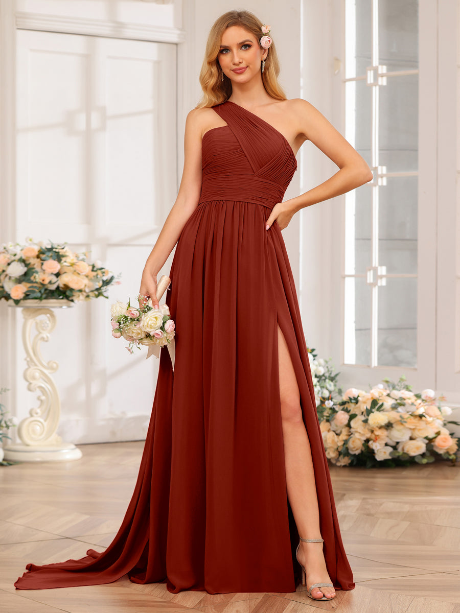 A-Line/Princess One-Shoulder Long Wedding Party Dresses with Watteau Train Rust