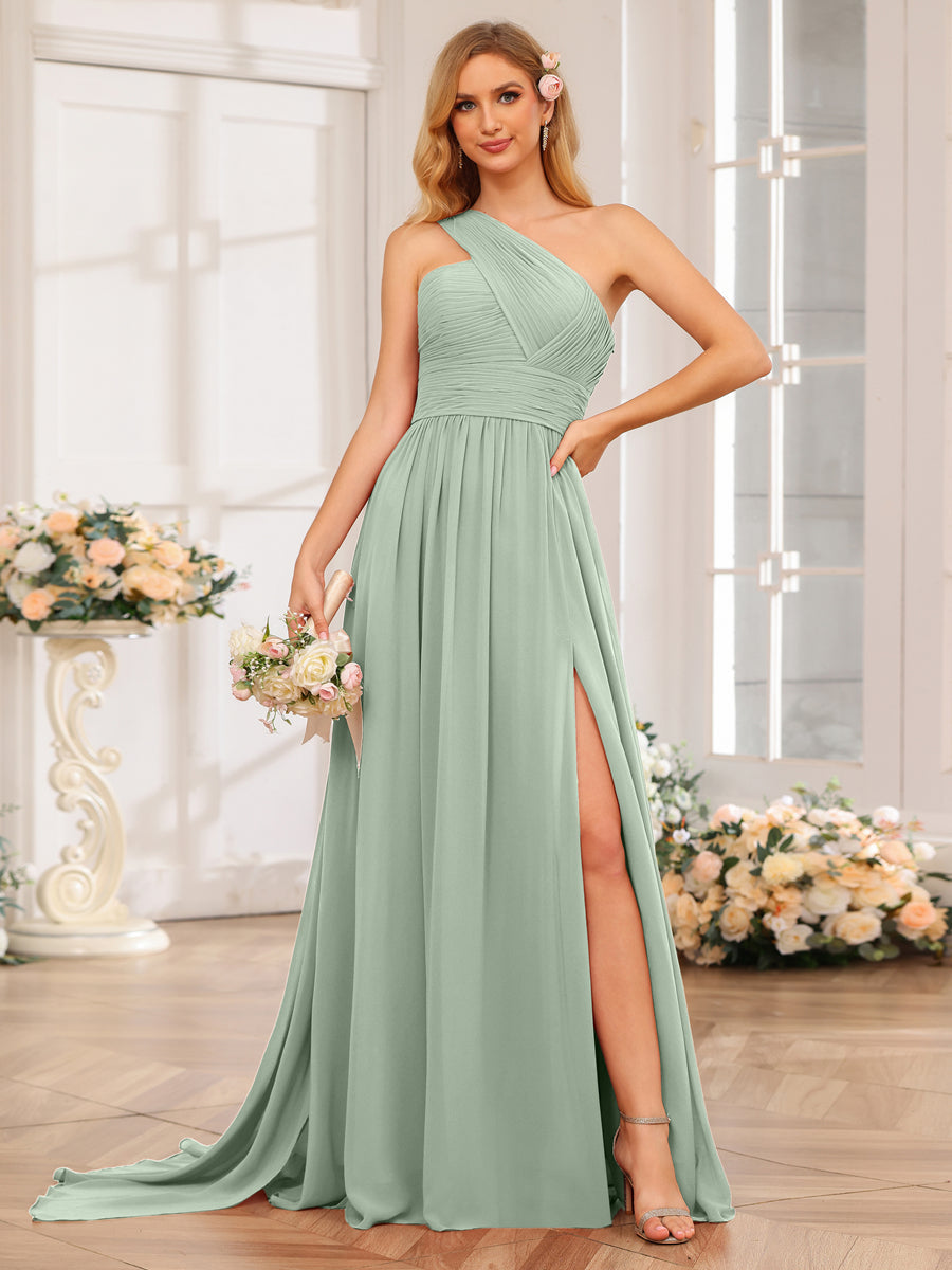 A-Line/Princess One-Shoulder Long Wedding Party Dresses with Watteau Train Sage