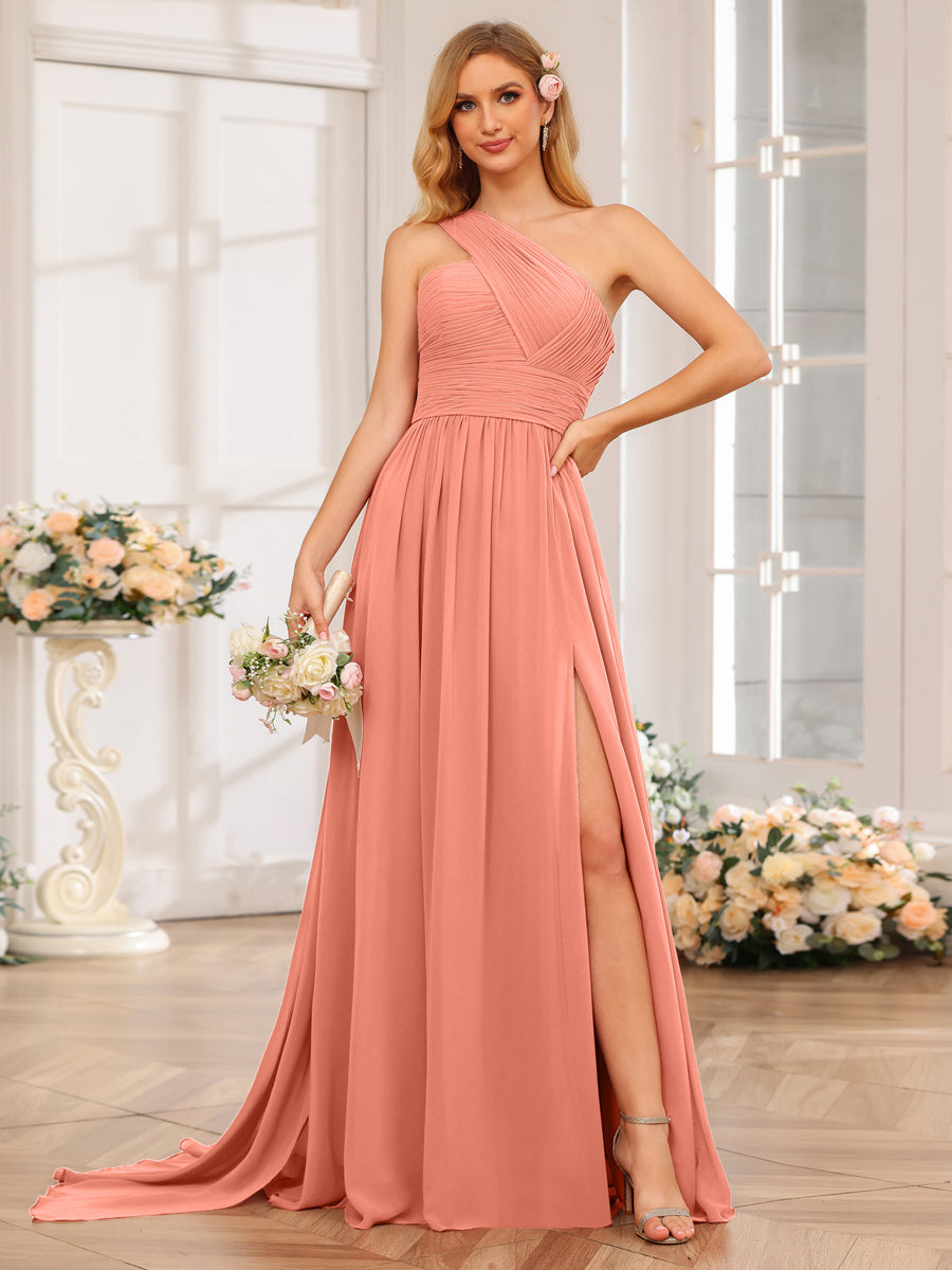 A-Line/Princess One-Shoulder Long Wedding Party Dresses with Watteau Train Salmon