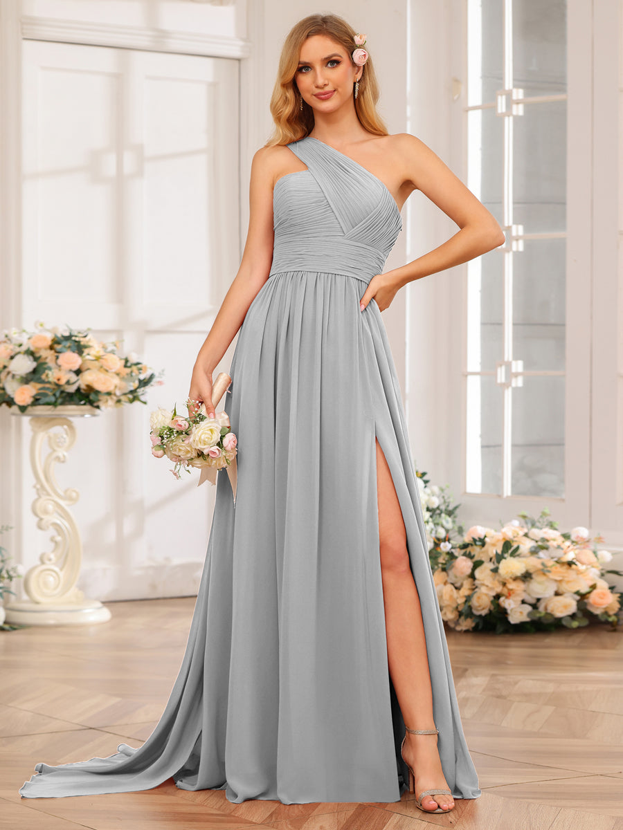 A-Line/Princess One-Shoulder Long Wedding Party Dresses with Watteau Train Silver