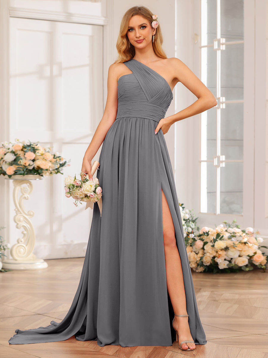 A-Line/Princess One-Shoulder Long Wedding Party Dresses with Watteau Train Silver Gray