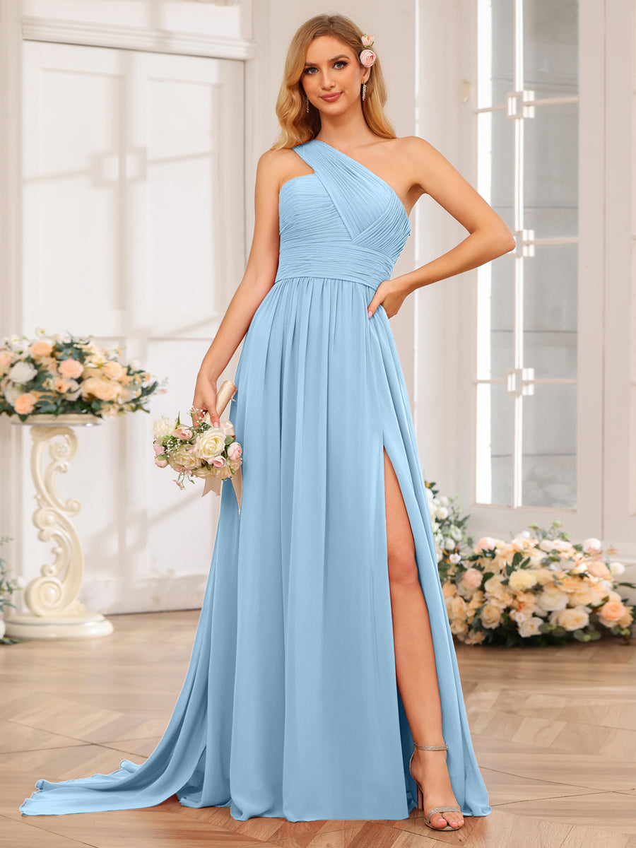 A-Line/Princess One-Shoulder Long Wedding Party Dresses with Watteau Train Sky Blue