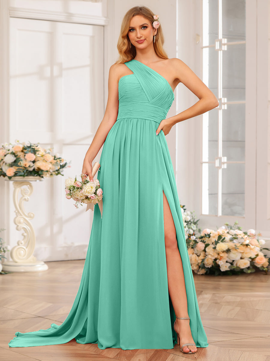 A-Line/Princess One-Shoulder Long Wedding Party Dresses with Watteau Train Spa