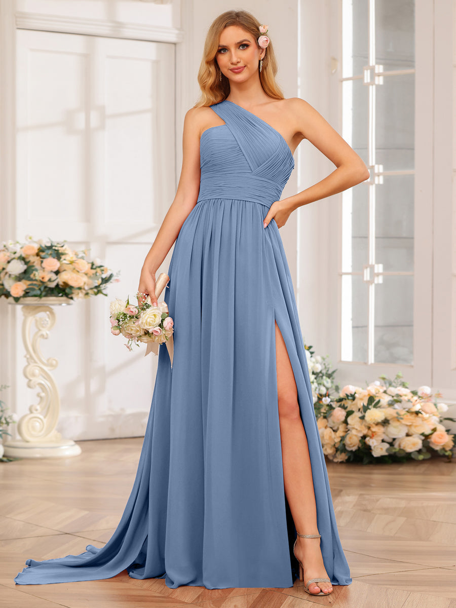 A-Line/Princess One-Shoulder Long Wedding Party Dresses with Watteau Train Steel Blue