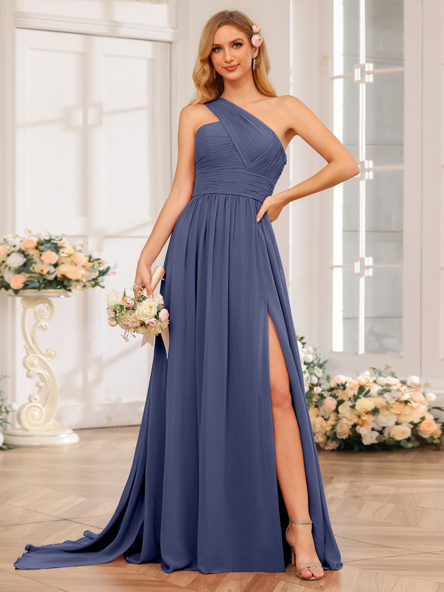 A-Line/Princess One-Shoulder Long Wedding Party Dresses with Watteau Train Stormy Blue
