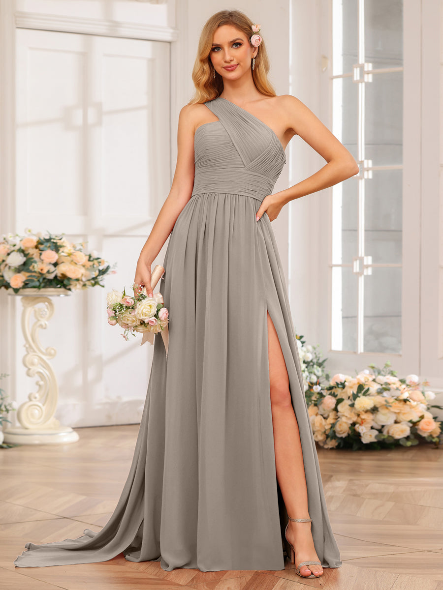 A-Line/Princess One-Shoulder Long Wedding Party Dresses with Watteau Train Taupe
