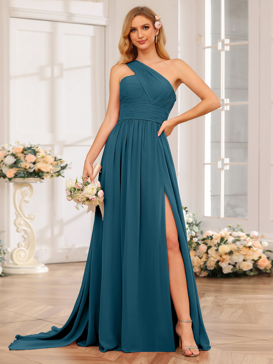 A-Line/Princess One-Shoulder Long Wedding Party Dresses with Watteau Train Teal