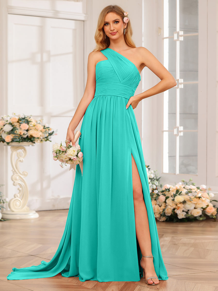 A-Line/Princess One-Shoulder Long Wedding Party Dresses with Watteau Train Turquoise