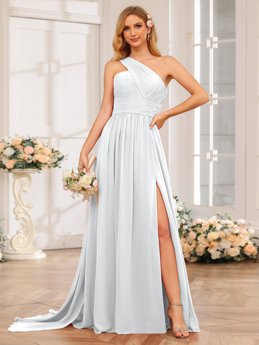 A-Line/Princess One-Shoulder Long Wedding Party Dresses with Watteau Train White