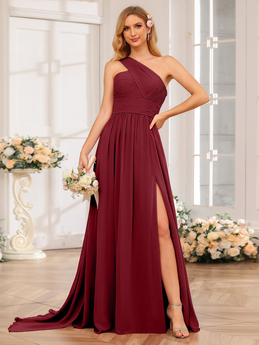 A-Line/Princess One-Shoulder Long Wedding Party Dresses with Watteau Train Wine Red