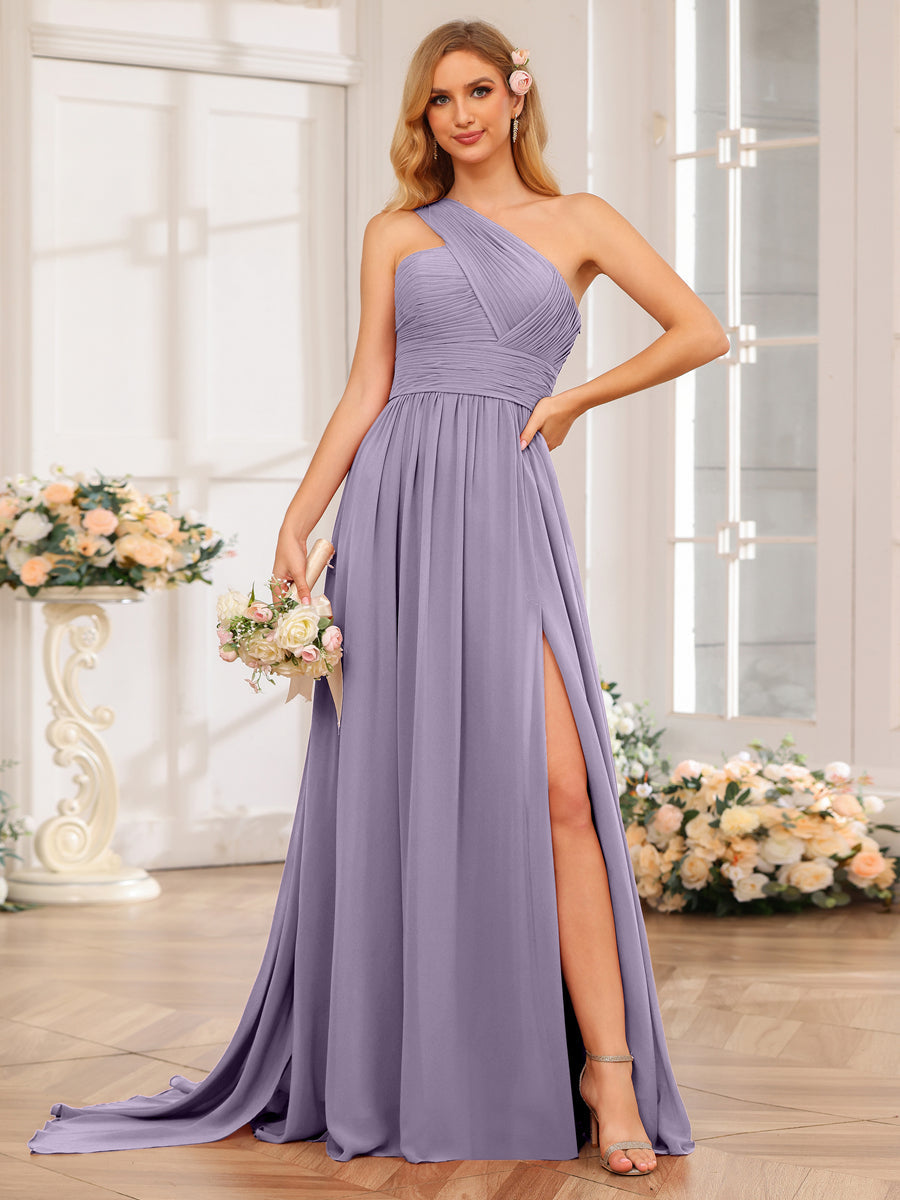 A-Line/Princess One-Shoulder Long Wedding Party Dresses with Watteau Train Wisteria