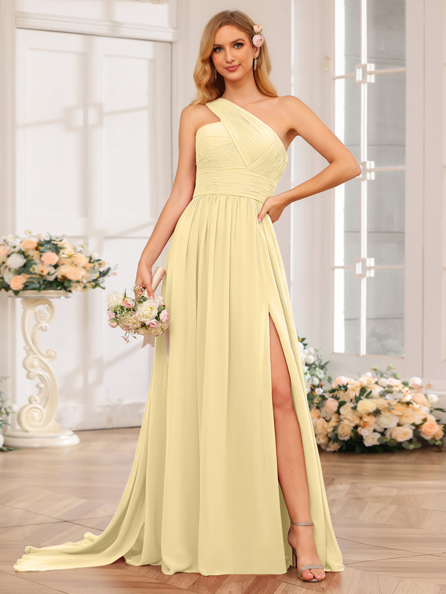 A-Line/Princess One-Shoulder Long Wedding Party Dresses with Watteau Train Yellow