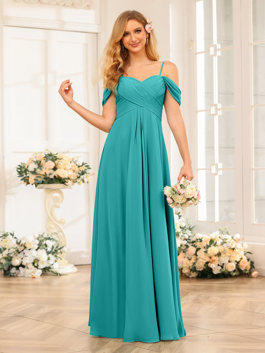 A-Line/Princess Spaghetti Straps Long Wedding Party Dresses with Ruched Aqua Blue