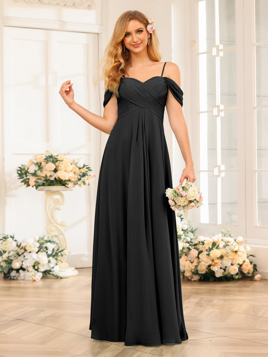 A-Line/Princess Spaghetti Straps Long Wedding Party Dresses with Ruched Black