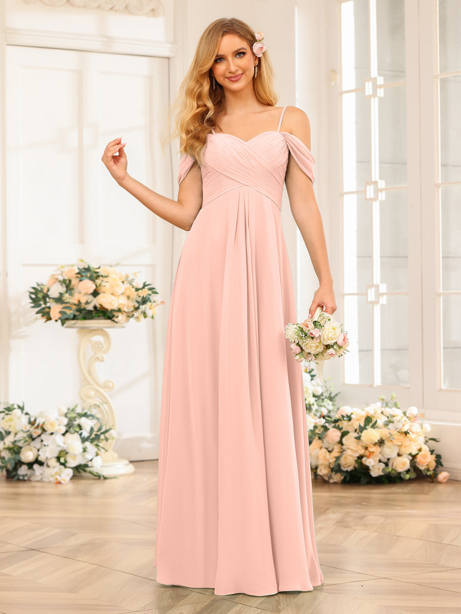 A-Line/Princess Spaghetti Straps Long Wedding Party Dresses with Ruched Blush Pink